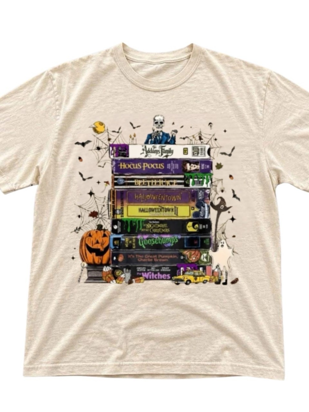 Cream Halloween Stack Graphic Tee - Colorful Book Spines